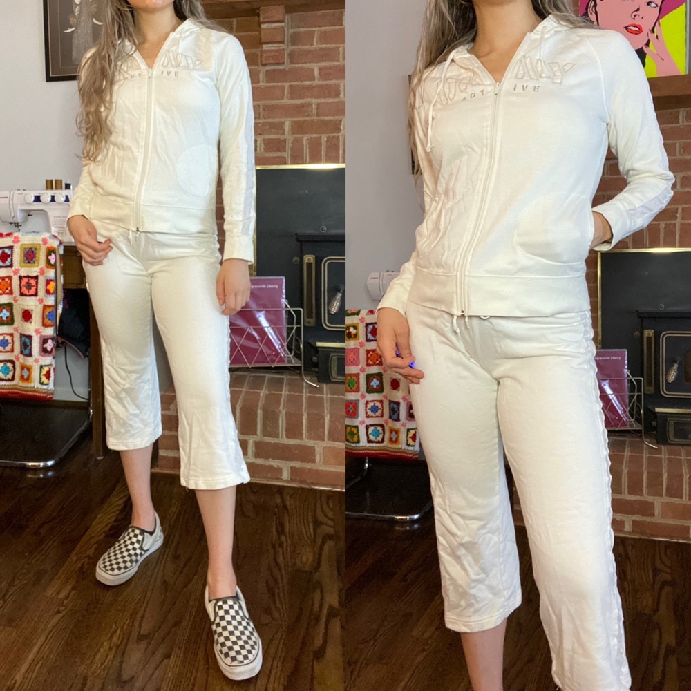 Y2K DKNY Active Matching Logo Tracksuit Full Zip Pocket Hoodie Crop Flar…